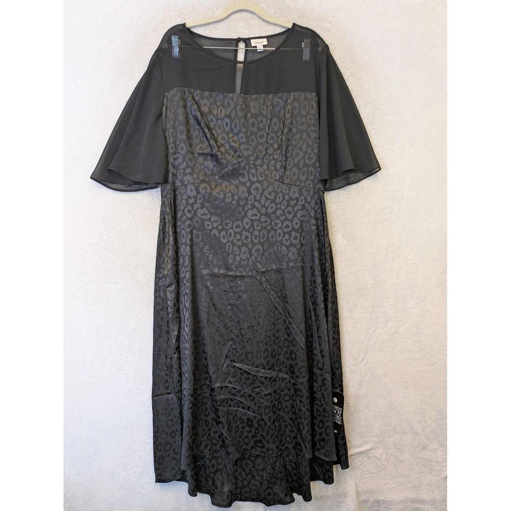NEW Avenue Midi Dress Women's 20 Black Leopard Print‎ Sheer Mesh High-Low Satin